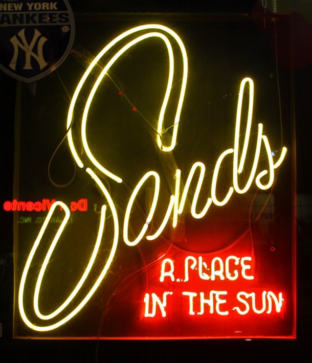 A replica Sands neon sign in a Las Vegas gift shop on the Strip.
