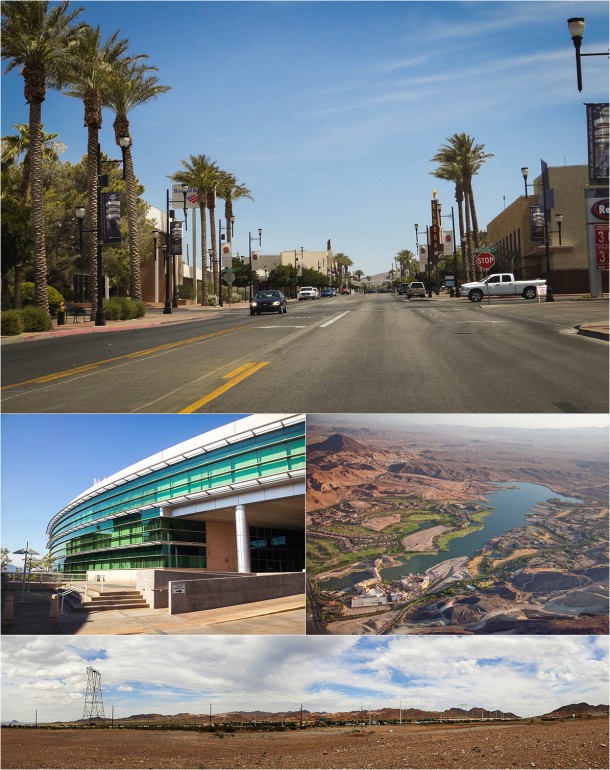 Water Street Historic District of Downtown Henderson, aerial view of Lake Las Vegas, Foothills nearby Henderson, Henderson City Hall.