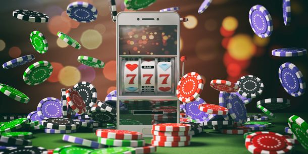 Online gambling concept. Slot machine on a smartphone screen, poker chips and abstract background. 3d illustration